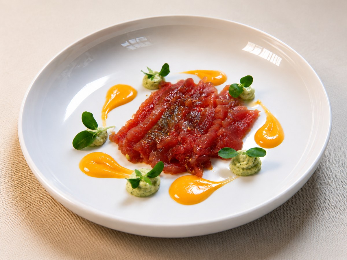 Carpaccio di Tonno rosso marinato con riduzione di pesca e basilico