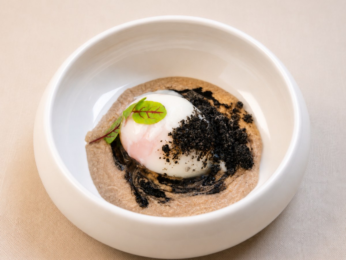 Uovo a bassa temperatura su crema di cavolfiore arrostito e crumble al nero di seppia