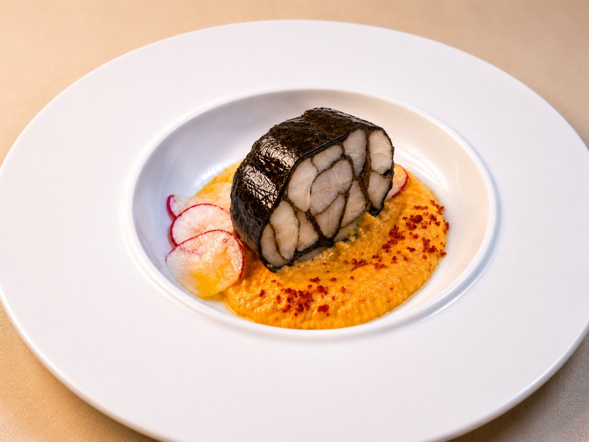 Roll di merluzzo Carbonaro su crema di ceci e peperone